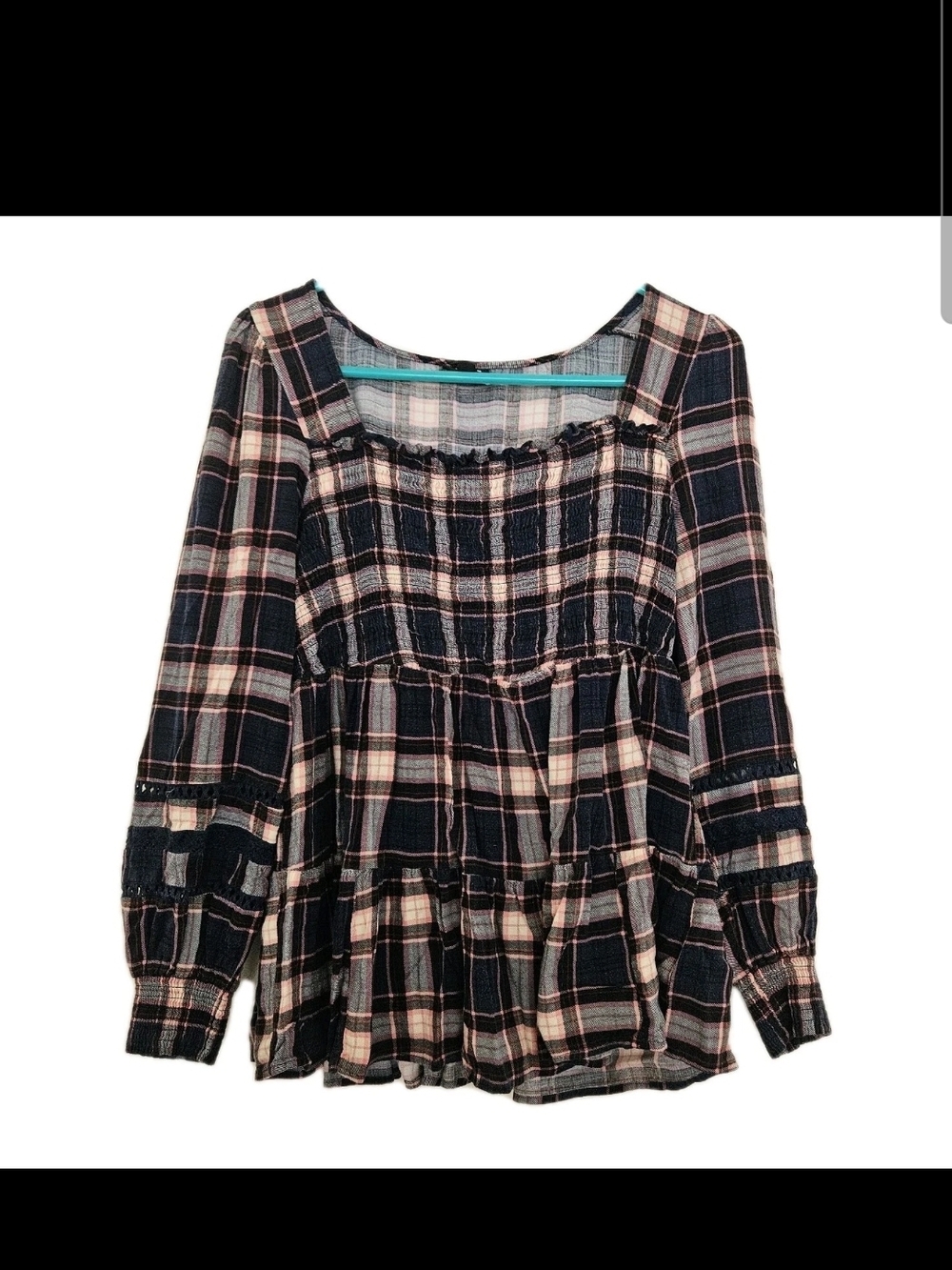 Torrid Size 0 Babydoll Rayon Slub Lace Inset Smocked Tiered Top Navy Plaid